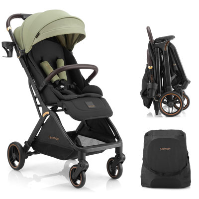 Gromast Gravity Folding Baby Stroller - Portable Travel Toddler Stroller w/Adjustable Backrest, Canopy & Cup Holder, Lightweight and UV Protected, One-Hand Automatic Folding - Green