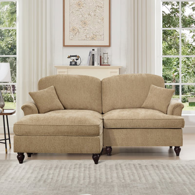 Élégant canapé Mid-Century modulaire à deux places en forme de L avec accoudoirs évasés et volants amovibles, avec jupes plissées et pieds fuselés, canapé-lit en chenille confortable avec repose-pieds mobile