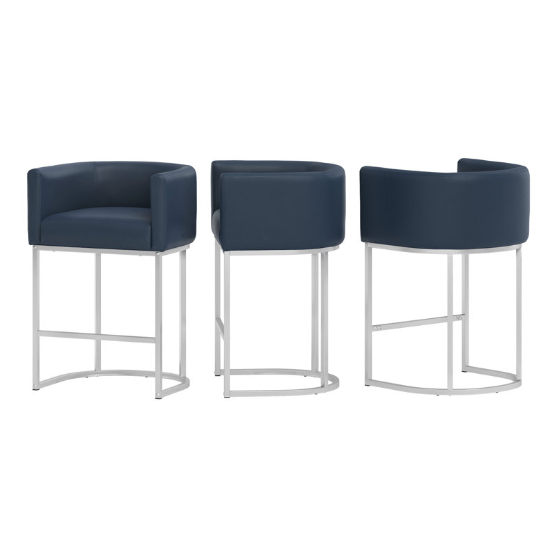 Tabouret de comptoir rembourré 26 "avec structure en métal Jessica, Bleu marine / similicuir, Argent argent