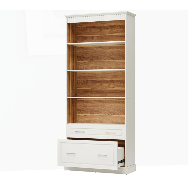 Bibliothèque blanche à 5 niveaux avec 2 tiroirs de rangement