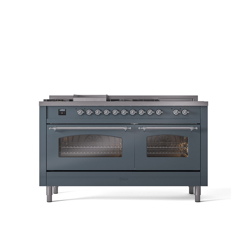 ILVE Nostalgie II 60 Dual Fuel Range, 5 Burners, Griddle, Frenchtop , Stainless Steel/Brass, Liquid Propane