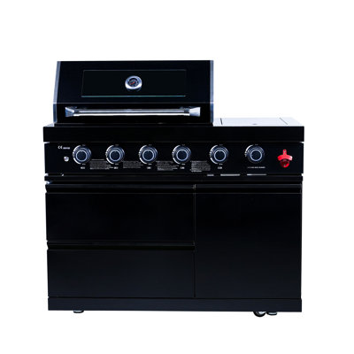 Barbecue au gaz naturel à 4 brûleurs, îlot de cuisine extérieur en acier inoxydable avec brûleur latéral, barbecue noir pour la cuisson en plein air et les réceptions en terrasse