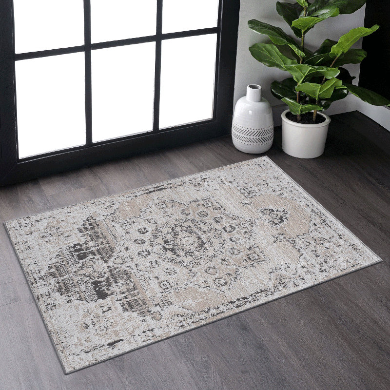2X8 Area Rug Non-Shedding Stain Resistant Medallion For Hallway Runner, Cream, Rectangulaire 2 pi x 3 pi