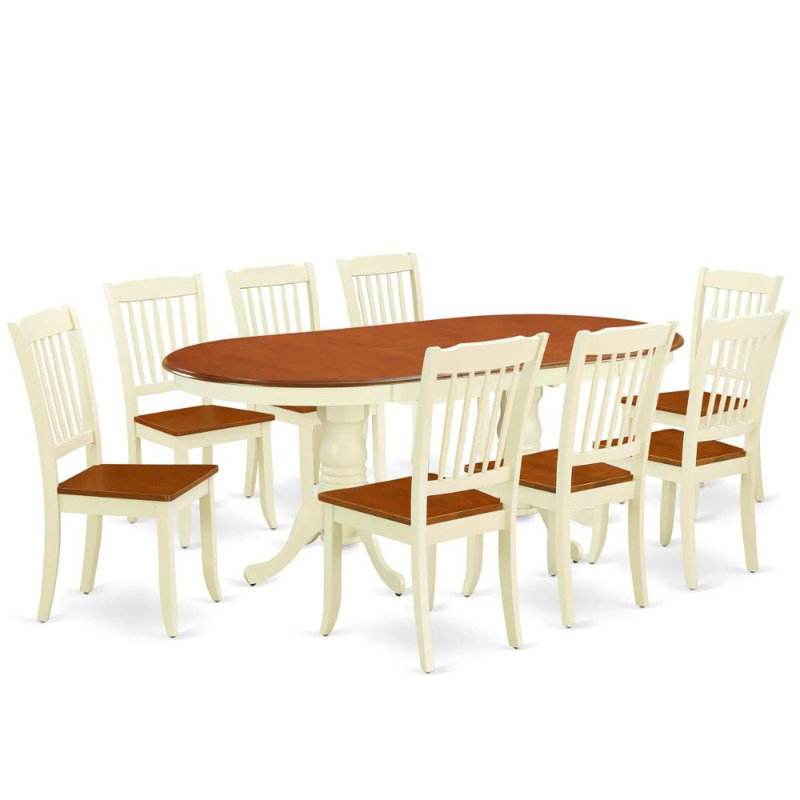 9 Piece Kitchen Table & Chairs Set Includes an Oval Dining Room Table with Butterfly Leaf and 8 Dining Chairs, Buttermilk & Cherry