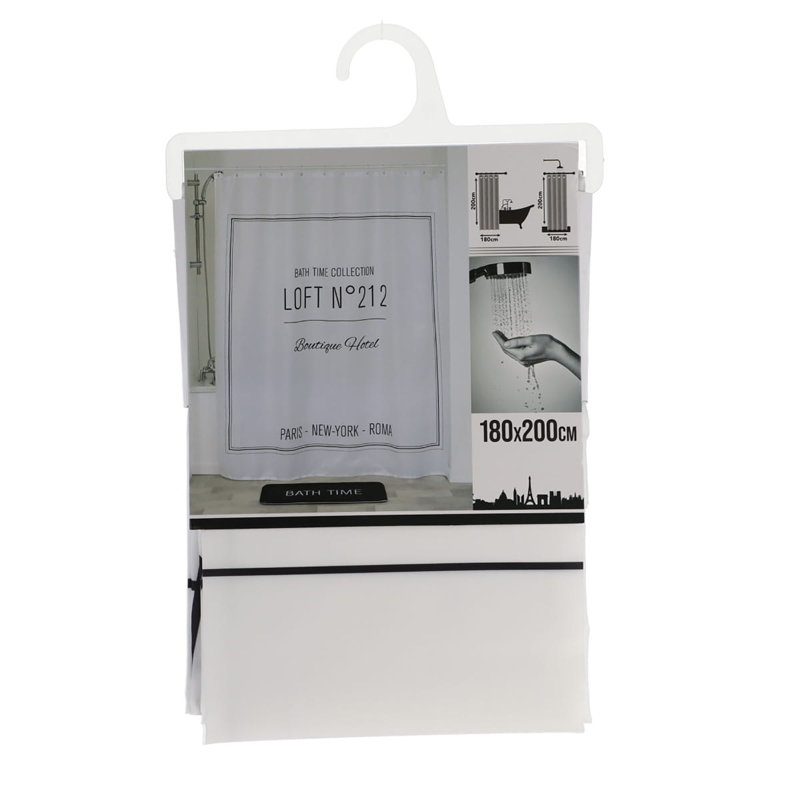 Extra Long White Polyester Shower Curtain with Black Writing Design