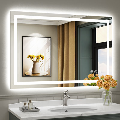 Miroir de salle de bain à DEL avec lumières, rétroéclairé et éclairé à l'avant, miroirs muraux éclairés pour meuble-lavabo, écran tactile à intensité variable, antibuée, fonction mémoire, verre trempé HD, incassable, homologué ETL