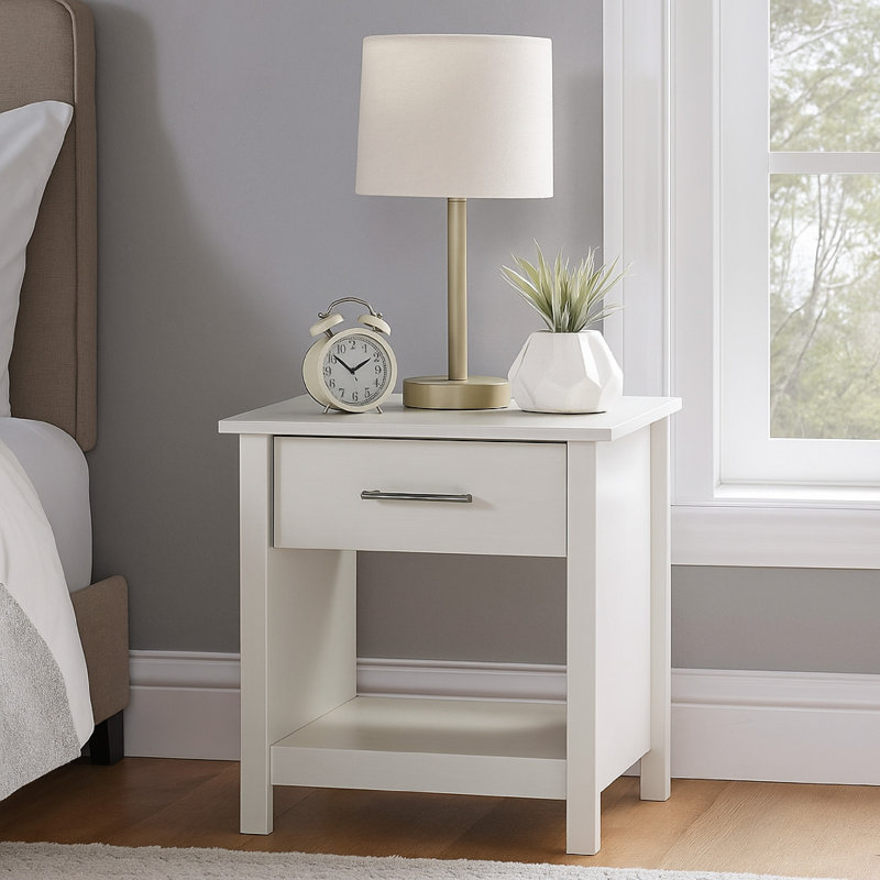 Kele Nightstand, 1 Drawer With Silver Handle, 1 Lower Open Shelf, White, White