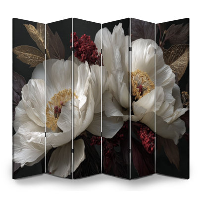 Cloison pliante à 6 panneaux avec pivoines or blanc royal et feuilles de bourgogne foncées