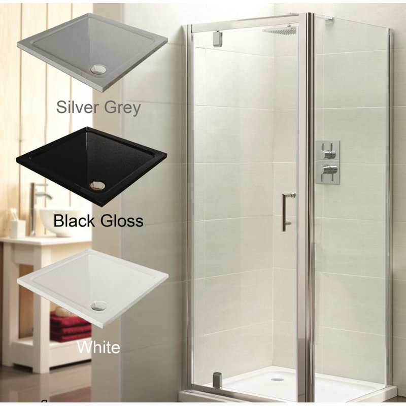 Slimline 35Mm 900X800 Rectangle Black Gloss Stone Shower Tray, 3.5cm H x 90cm W x 76cm D, Silver Grey