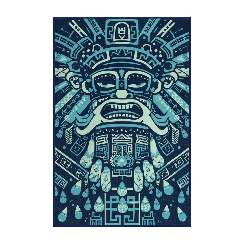 Machine Washable Elida Tlaloc Global Inspired Block Print Rug in Blue – Navy Binding, 7x10