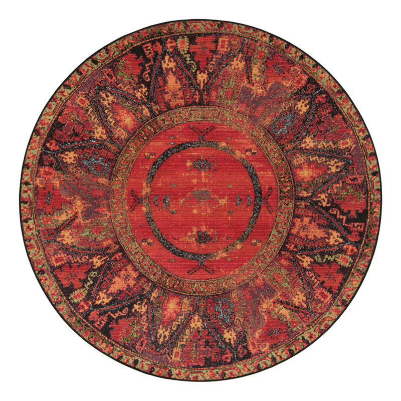 Tapis oriental rouge / jaune / noir intérieur / extérieur Gurrola, Rond 5 pi 1 po