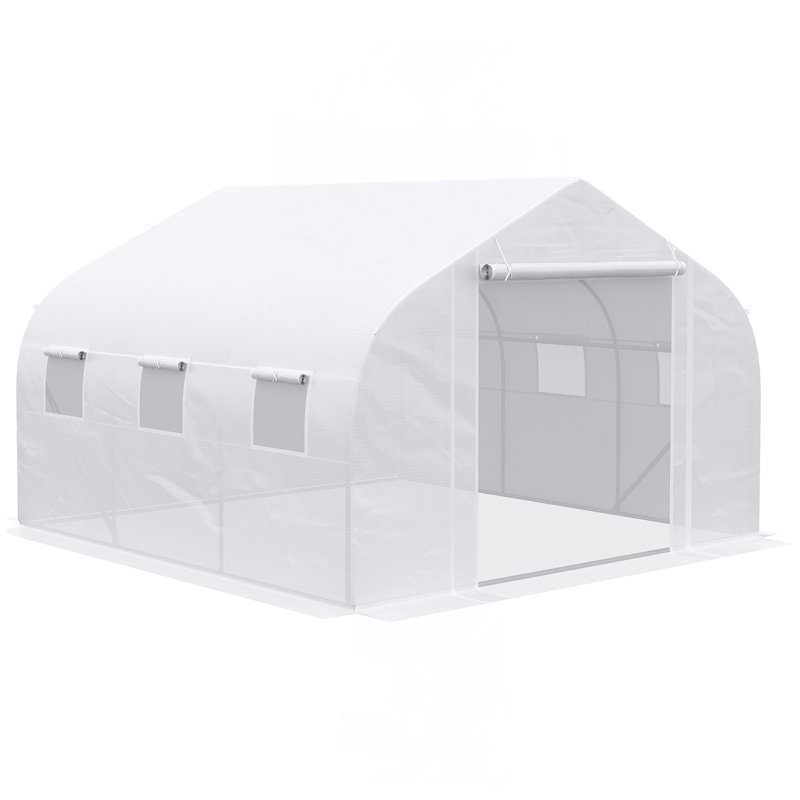 12' X 10' X 7' Walk-In Greenhouse, Tunnel Green House With Zippered Mesh Door And 6 Mesh Windows, Gardening Plant Hot House With Galvanized Steel Frame, White
