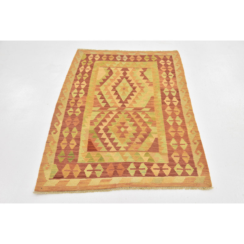 Tapis de la zone en laine rouge/vert/brun clair 3 pi x 4 pi 5 po one-of-kind-noué la main Elland