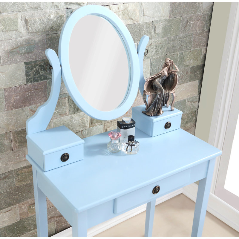 Wood Makeup Vanity Table And Stool Set For Bedroom, Blue