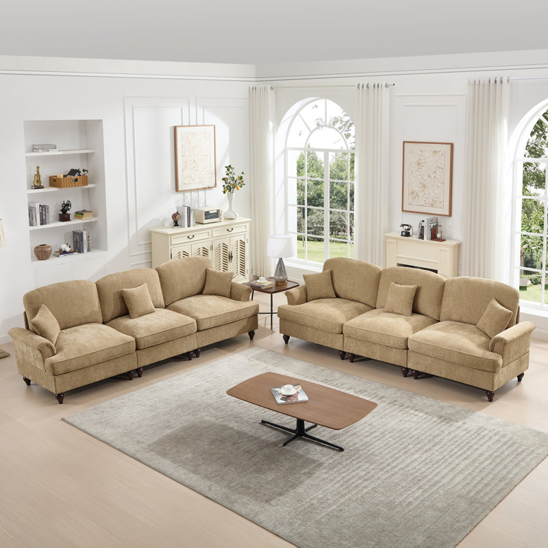 Classic Sleeper Sofa Couch With Flared Arms And Removable Ruffles Pleats Skirts And Spindle Legs, Comfy Modular Sectional Chenille Deep Seat Cloud Sofa Couch With 3 Movable Ottomans, Light Coffee