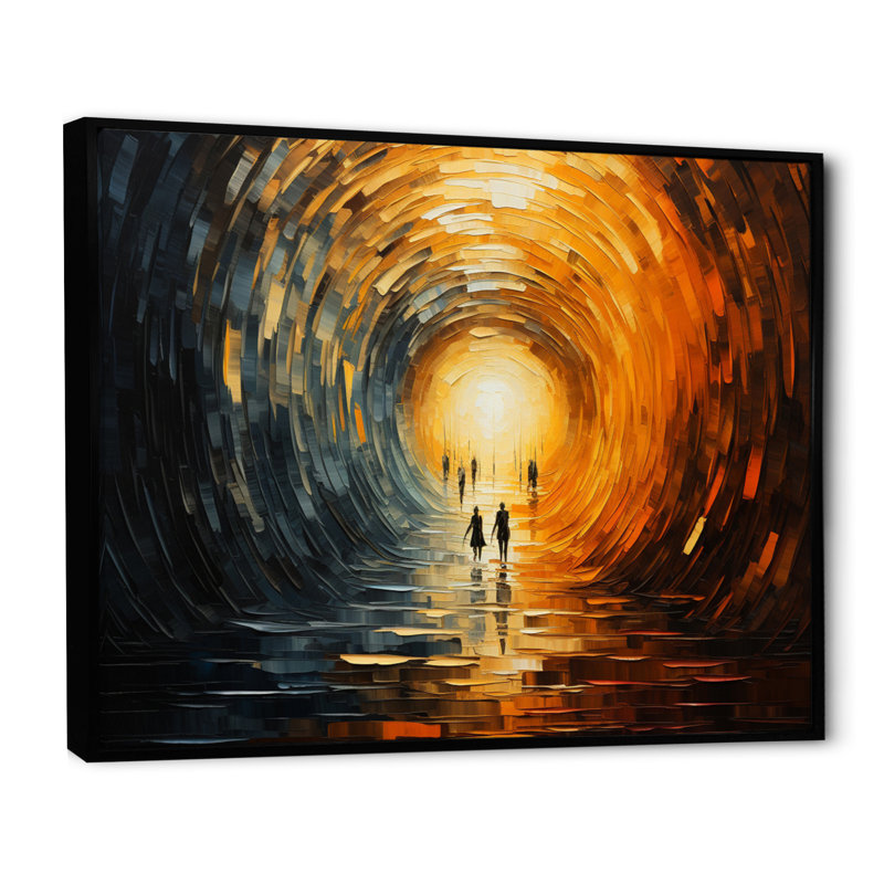 Tunnel abstrait en bois orange sur toile, H 30 po x l 40 po x P 1,5 po, Cadre flottant noir