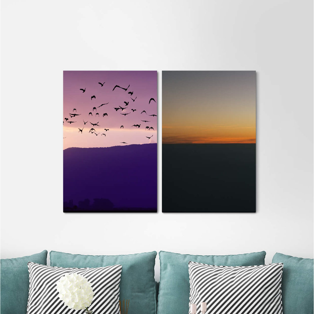 2-tlg. Leinwandbilder-Set - Grafikdruck „Horizon Pink Mountains Birds Sky Dusk Sunset”