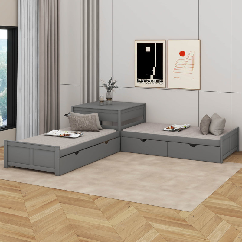 Lit plateforme simple en L avec lit gigogne et bureau, Gris
