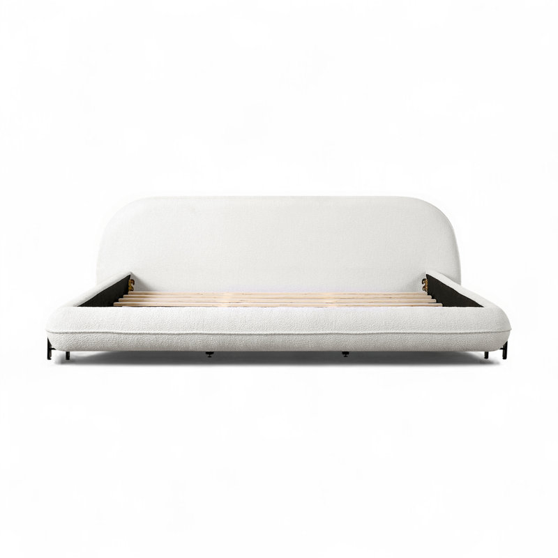 Bed Frame With Boucle Fabric, Upholstered Platform Bed With Curve-Shaped Design & Thick Headboard, King