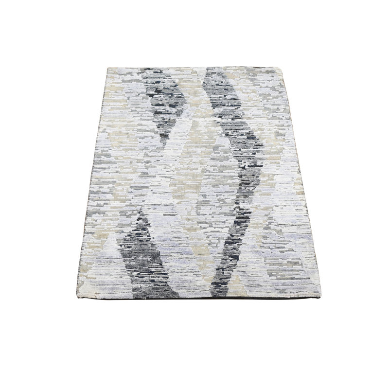 Tapis décoratif noué à la main gris/noir de conception unique 2 pi x 3 pi New Age