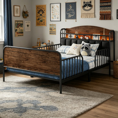Kids Upholstered Bed Frame with LED Light and Storage Headboard, Low Profile Platform Bed with Metal Slat Support for Teen, No Box Spring Needed, Black, Full Size