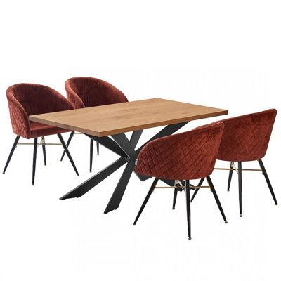 Goddard 4 Person Dining set - a Rectangular Wooden Dining Table with Metal Legs and a Set of 4 Quilted Velvet Dining Chairs for Dining Room - Modern Dining Table Set