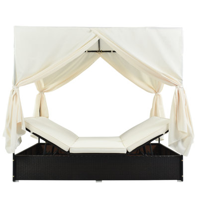 Roomfitters Luxury Cabana Beige Outdoor Double Chaise Lounge Patio Daybed with Privacy Curtains and Adjustable Reclining Backrest