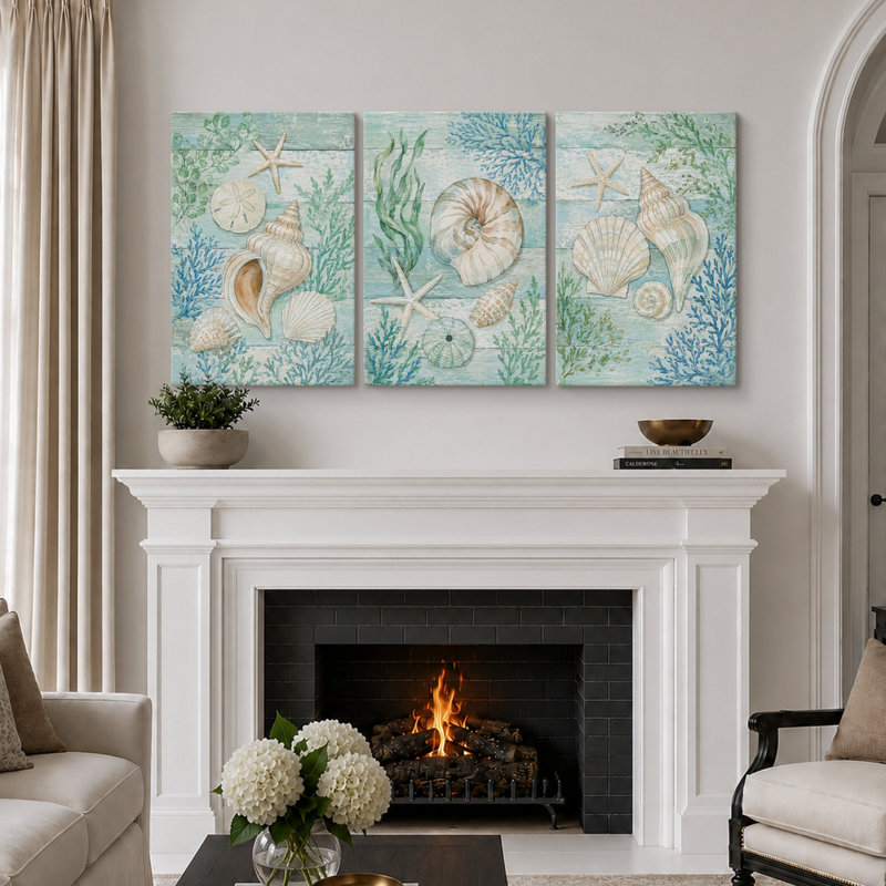 «Aqua Seashell Starfish Coastal», impression sur toile, impression sur toile encadrée, 3 pièces, H 36 po x l 72 po x P 1,5 po