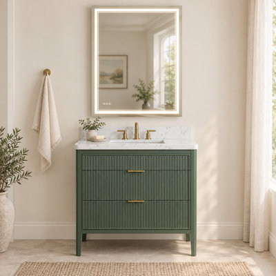 Meuble-lavabo sur pied gris mat de 91 cm (36 po) avec lavabo intégré et miroir de courtoisie à DEL de 91 x 122 cm (36 x 48 po).