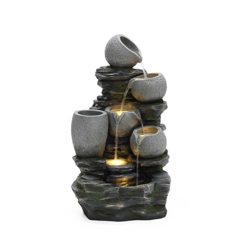 3-Tier Gray Pots on Stacked Rocks 2.5-Feet Tall Outdoor Polyresin Fountain with Lights and Gray Side Planter