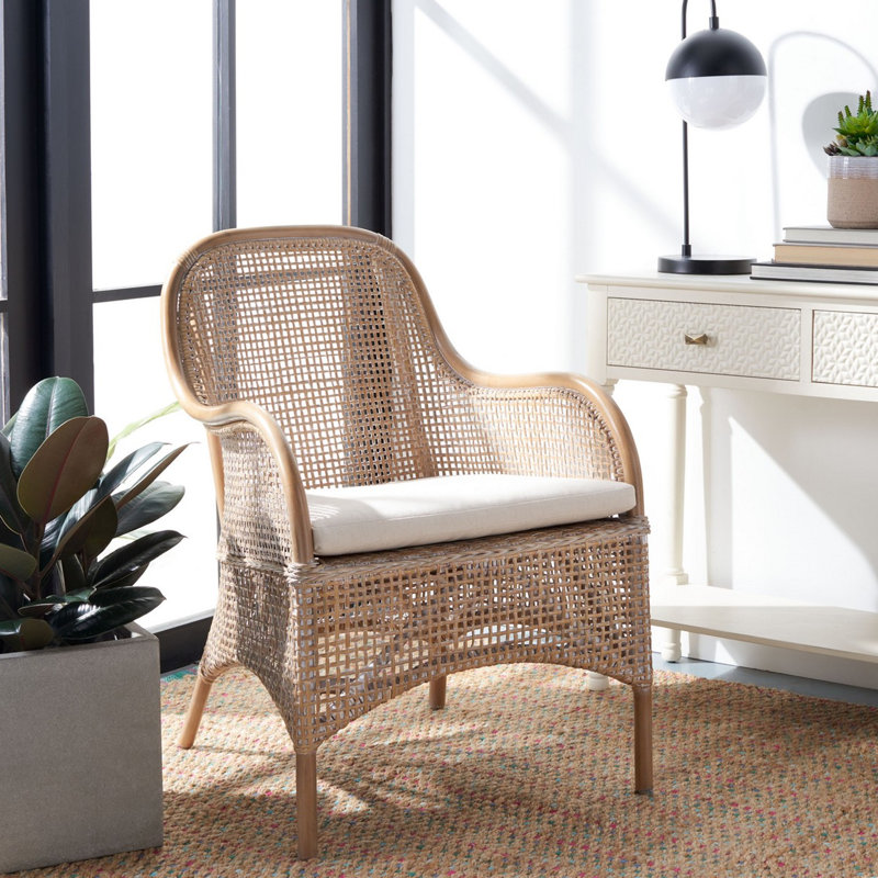 Chaise d'appoint en rotin avec coussin Milliron, Gris blanc délavé