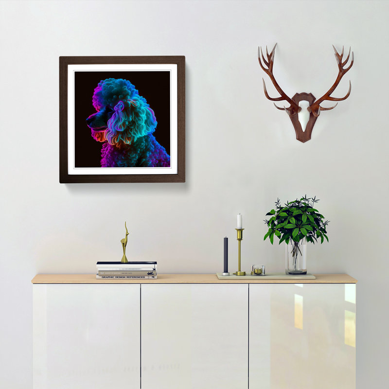 Poodle Neon - Single Picture Frame Print on Wood, Walnut