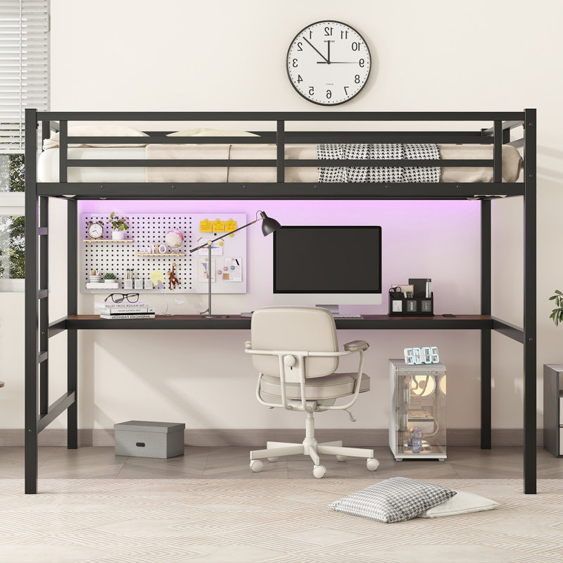 Metal  Loft Bed  with Power Outlet and LED Lighted, Space-Saving, Noise Reduced, Black, Full XL