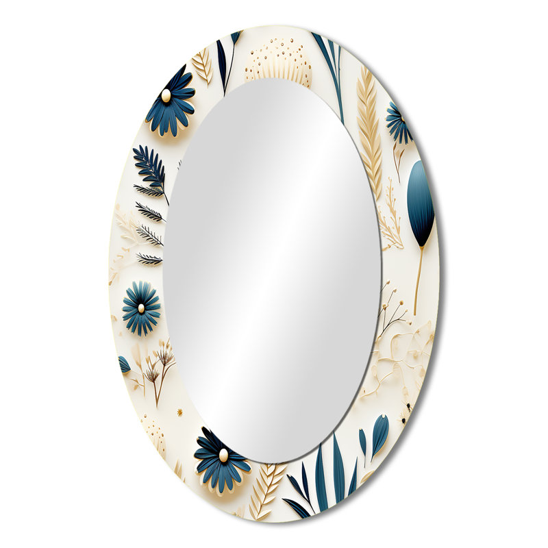 Miroir mural ovale bleu et blanc, H 36 po x l 24 po