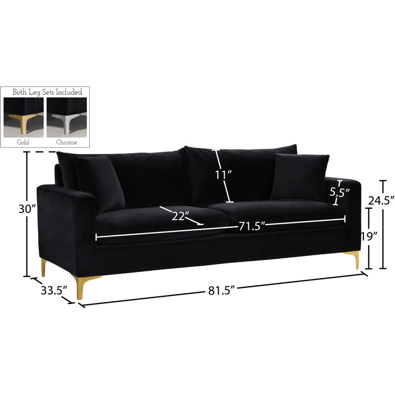 Canapé à accoudoirs carrés en velours de 81,5 po Naomi, Velours noir