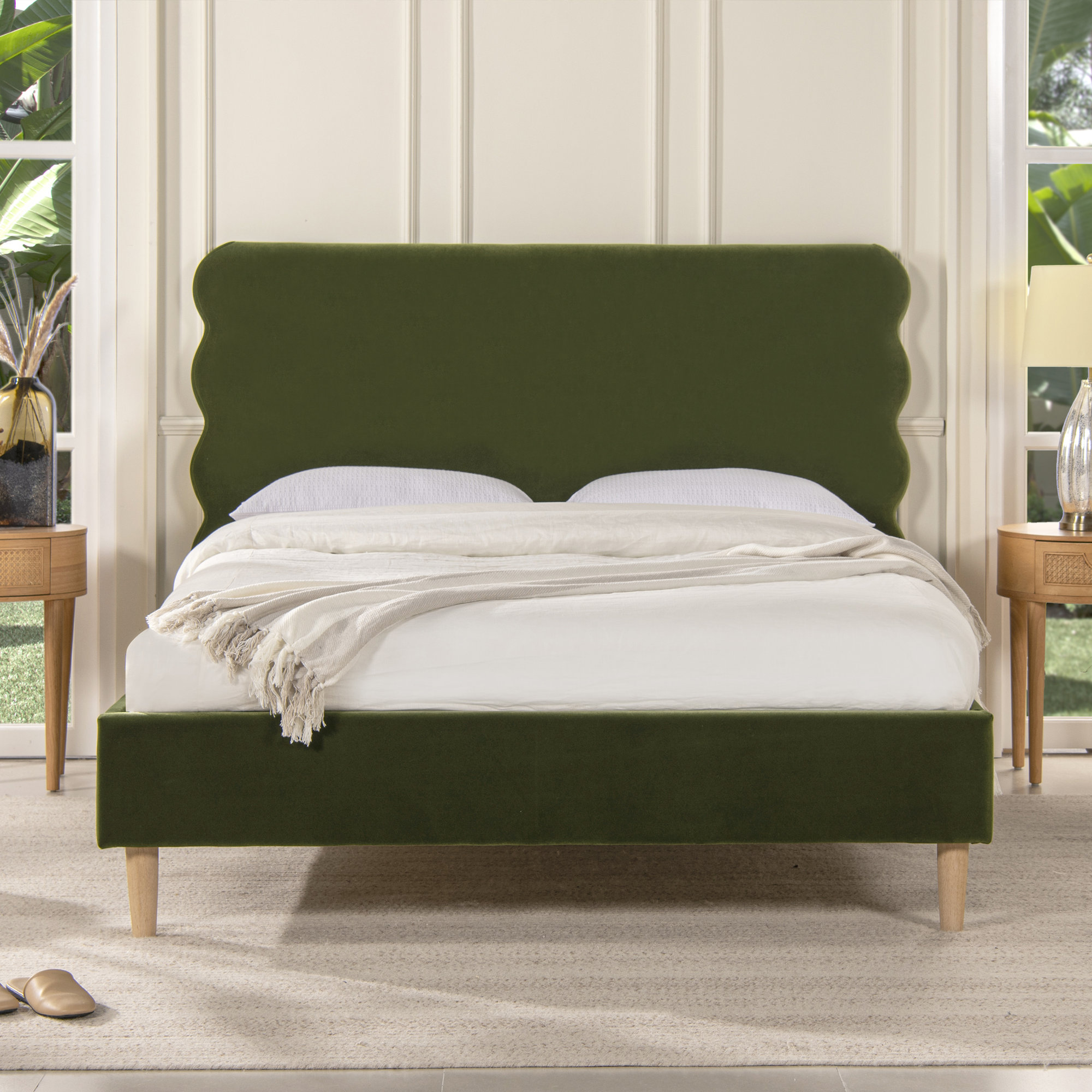 Henley Upholstered Scalloped Bed, King, Olive Green Velvet
