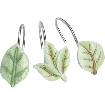 12PCS Leaves Shower Curtain Hooks, Green Plant Leaf Decorative Shower Curtain Hooks Metal Rustproof Cute Eucalyptus Shower Curtain Rings Bathroom Decoration Accessories