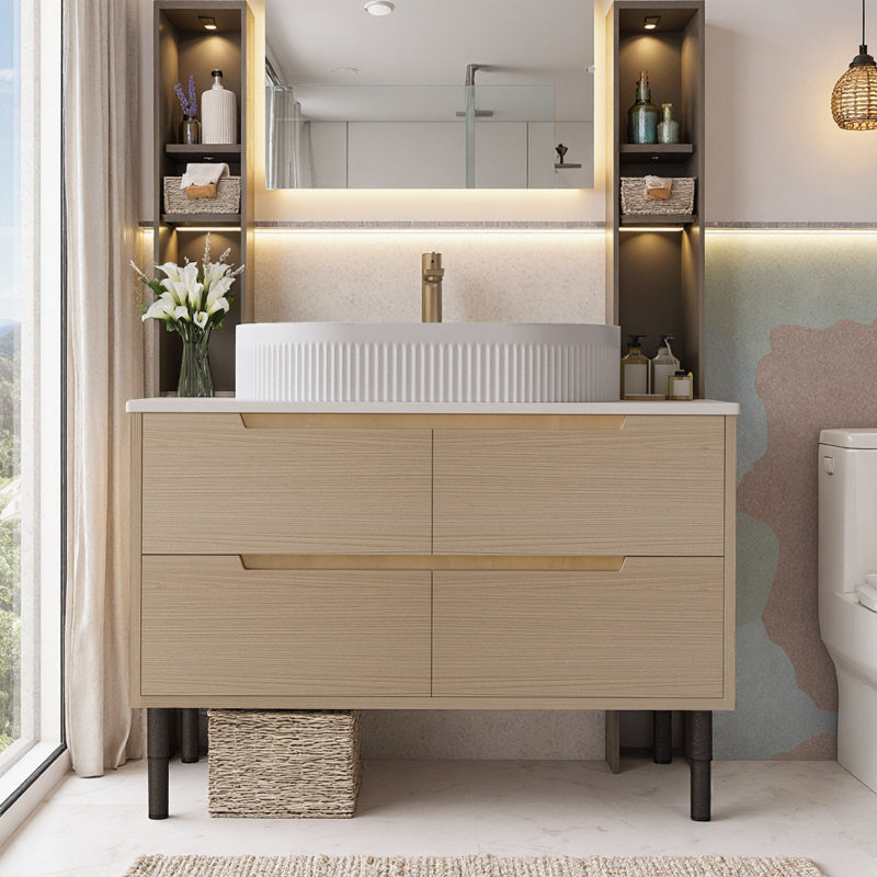 Meuble-lavabo autoportant ou mural avec lavabo intégré en céramique