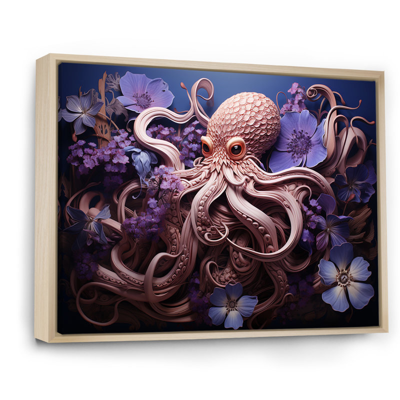 Mauve oasis de pieuvre II - art mural animaux côtiers, Cadre flottant brun, H 34 po x l 44 po x P 1,5 po