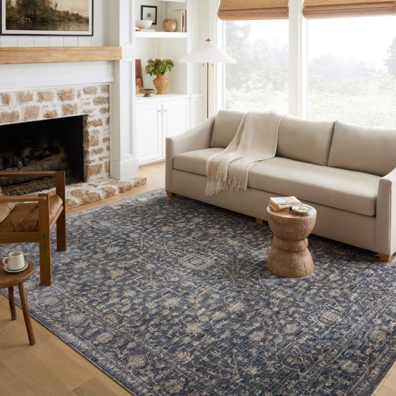 Tapis bleu en polyester tissé à la machine Sorrento, Rectangle 3 pi 11 po x 5 pi 7 po
