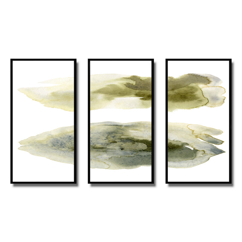 «Dark Green Abstract Clouds I», peinture sur toile flottante 3 pièces, H 28 po x l 36 po, Noir