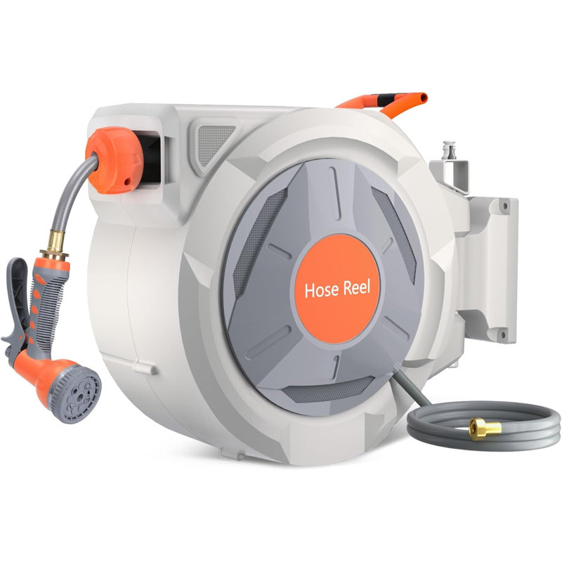 Retractable Garden Hose 5/8" x 65ft. Wall Mounted with Automatic Rewind. 9-Pattern Sprayer Nozzle. Adjustable Length Lock. Durable Outdoor Use