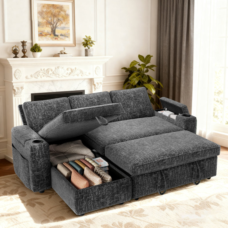 81'' Pull Out Sofa, Sleeper Sofa Couch With Storage Chaise, Chenille Sofa Bed With Pull Out Bed, Convertible Sleeper Sofas For Living Room, Small Spaces