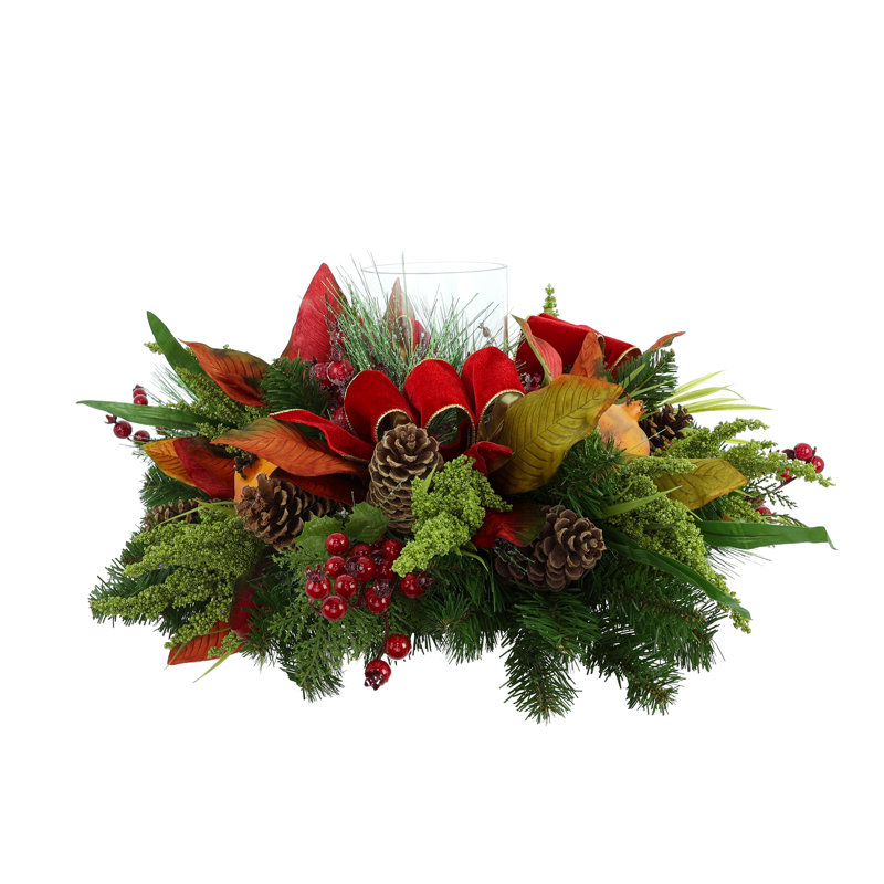 Holiday Candleholder Arrangement with Evergreens and Pinecones