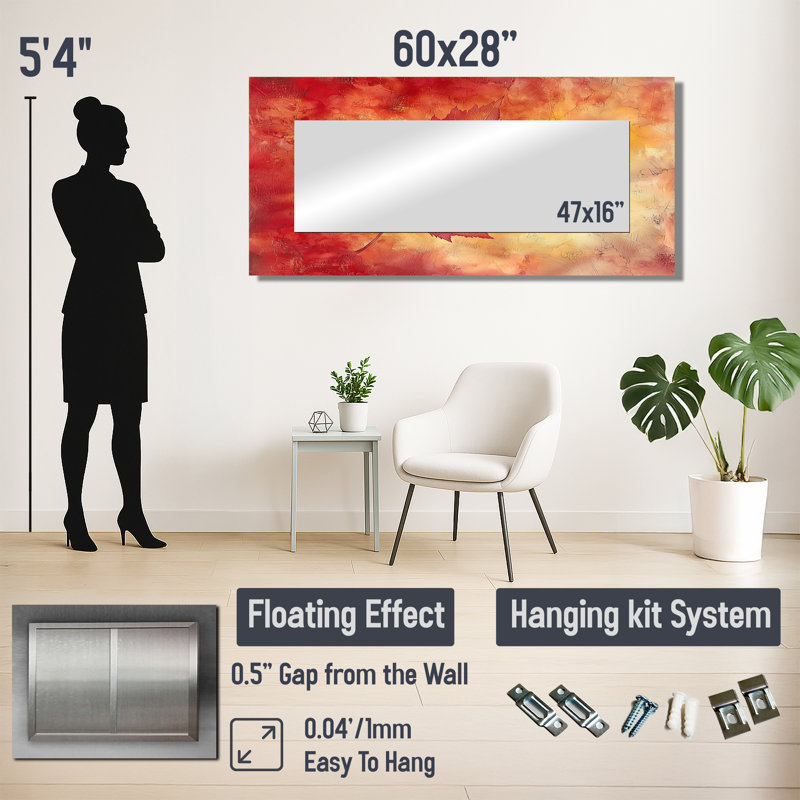 Autumn Sunset Maple Leaf II - Leaves  Large Mirror Wall Art - Printed On Metal, 28" x 60"