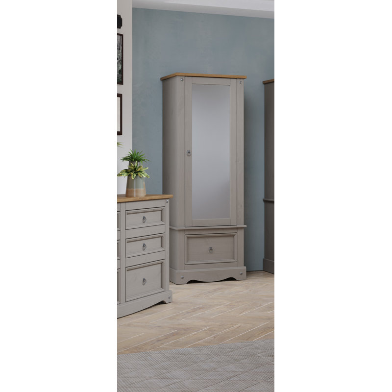 Apache 1 Mirrored Door, 1 Drawer, Compact Wardrobe, Pine, Waxed Finish, Corona Design, Grey