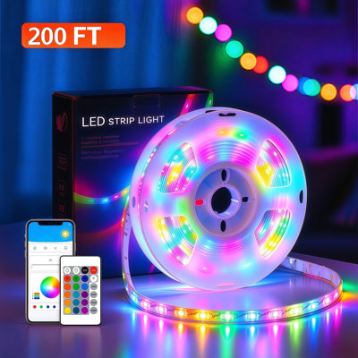 Bande DEL RVB 24 V 61 m (200 pi), ruban flexible à changement de couleur 5050 avec contrôle via l'application DayBetter et télécommande 24 touches, bande DEL grise non étanche (circuit imprimé nu FPC) pour la décoration de chambre, salle de télévision ou salle de jeux.