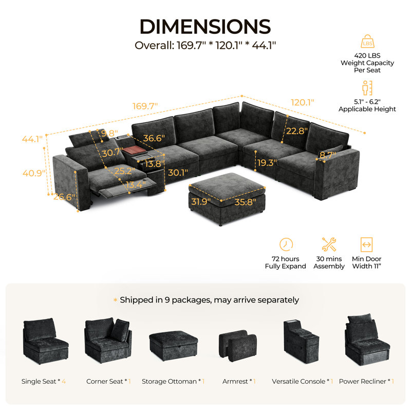Canapé modulaire surdimensionné en chenille 6 places avec canapé inclinable inclinable électrique avec appui-tête et porte-gobelets en forme de L profond