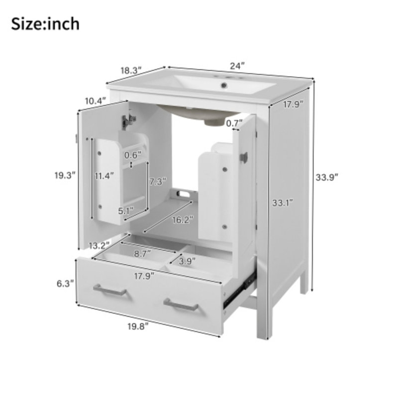 Meuble-lavabo 24 po avec lavabo sous comptoir - 2 portes, 1 tiroir, tablette double couche, fermeture en douceur, Blanc