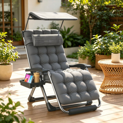 Zero Gravity Chair with Adjustable Canopy, 440 LBS Capacity, 4" Removable Cushion, Aluminum Lock, Folding Reclining Lounge Chair for Patio, Pool, Beach, Lawn & Camping